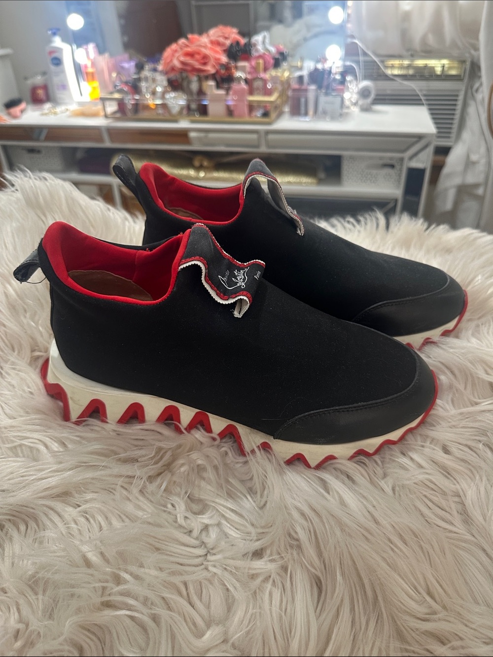 Christian Louboutin Black Slip-On Sneakers with Red Accents - Picture 2 of 5